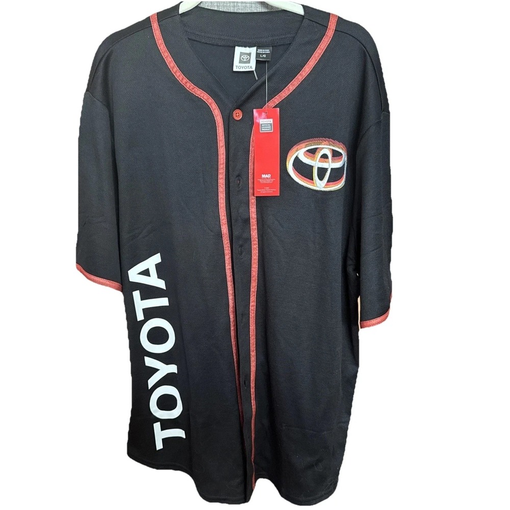 Toyota Racing Baseball Jersey Black Red Logo Men L/G Short Sleeve Button Up NEW